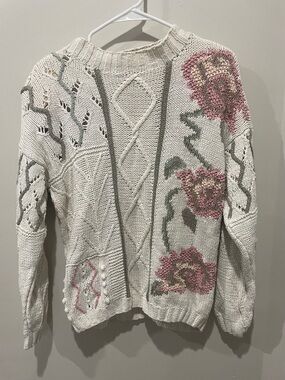 Hand knitted Vintage Cream Shoulder Pad Sweater with Pink Floral